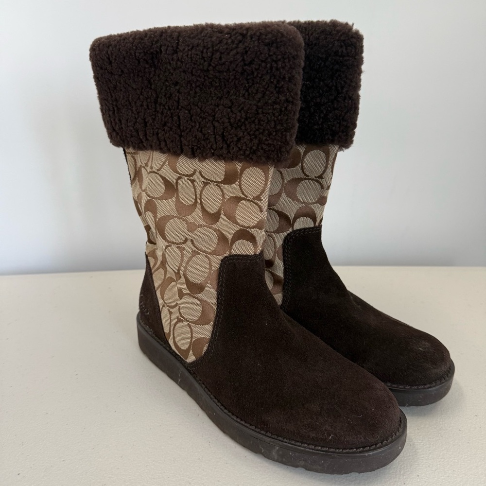 Coach Kally Signature Logo Canva & Suede Boots Women Size 8.5B